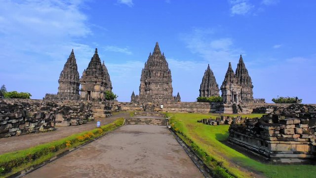 Prambanan temple panoramic view. Beautiful ancient hindu culture architecture. Traveling to Java Indonesia