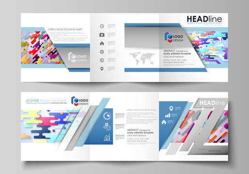 Business templates for tri fold square design brochures. Leaflet cover, abstract vector layout. Bright color lines and dots, colorful minimalist backdrop, geometric shapes, minimalistic background.