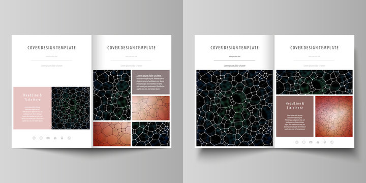 Business templates for bi fold brochure, flyer. Cover design template, vector layout in A4 size. Chemistry pattern, molecular texture, polygonal molecule structure, cell. Medicine microbiology concept