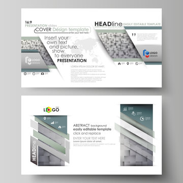 Business templates in HD format for presentation slides. Easy editable abstract vector layouts in flat design. Pattern made from squares, gray background in geometrical style. Simple texture.