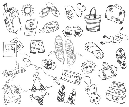 Hand Drawn Travel, Vacation, Travel, Beach Doodle Icons Collection On White Back