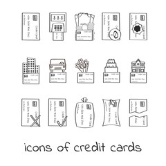 Hand draw credit card icons. Collection of Linear signs of loans. For web and app design