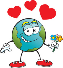 Cartoon illustration of the earth holding flowers.