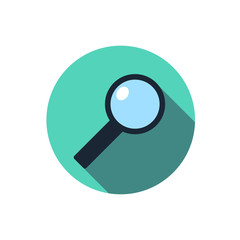 Flat magnifying glass icon. Question with a long shadow. Icon in the circle.