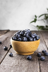 Blueberry in wooden bowl on a dark wooden background
