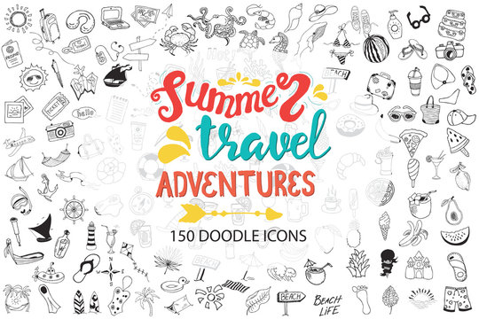 Hand drawn sea, travel, drinks, fruits, summer doodle Icons collection on white 