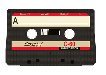 Black retro audio cassette with label isolated on white background. Flat vector.