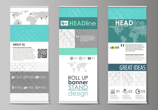 Roll up banner stands, abstract geometric design, corporate vertical vector flyers, flag layouts. Chemistry pattern, hexagonal molecule structure on blue. Medicine, science and technology concept.