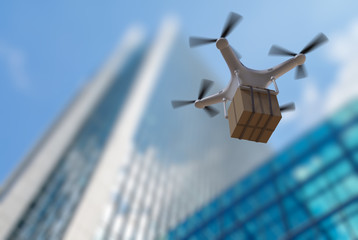 3D rendered illustration of flying drone delivering a package. - obrazy, fototapety, plakaty