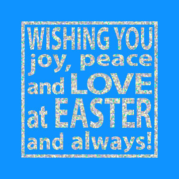 Silver glitter easter quote background blue