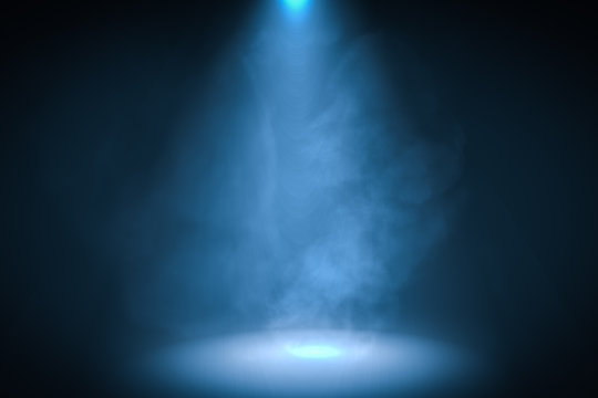 3D rendered illustration of podium with blue spotlight background with smoke.