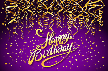 vector purple party background. Happy Birthday Celebration Design, Vector gold confetti Elements, Greeting Card Template Violet Colors