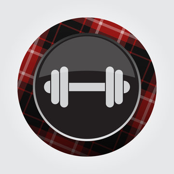 button with red, black tartan - dumbbell icon