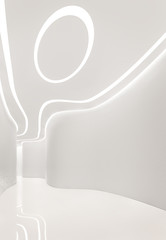 Modern space interior 3d rendering image.A blank curve wall with pure white. Decorate wall with extrude horizon line pattern and hidden warm light