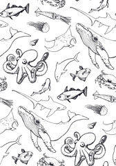 seamless pattern with sea animals contour on white background © sokolovaju