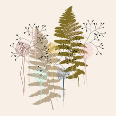 Obrazy  Tle kwiatów z liści paproci, stylizowanych kwiatów i traw.