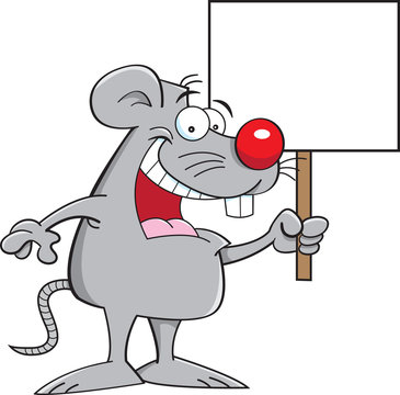 Cartoon illustration of a mouse holding a sign.