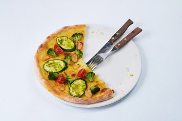 The remains of pizza on a plate with a knife and fork
