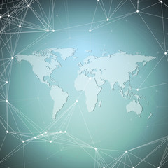 World map on blue background. Global network connections, abstract geometric design, technology digital concept. Chemistry pattern, molecule structure, connecting lines and dots.