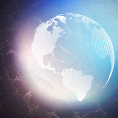 World globe on dark background with connecting lines and dots, polygonal linear texture. Global network connections, abstract futuristic geometric design, dig data technology digital concept.