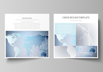The minimalistic vector illustration of the editable layout of two square format covers design templates for brochure, flyer, booklet. Technology concept. Molecule structure, connecting background.