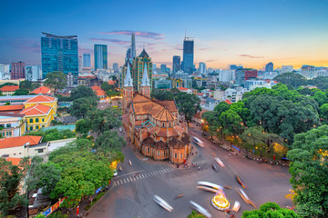Aerial view of Notre-Dame Cathedral Basilica of Saigon - obrazy, fototapety, plakaty