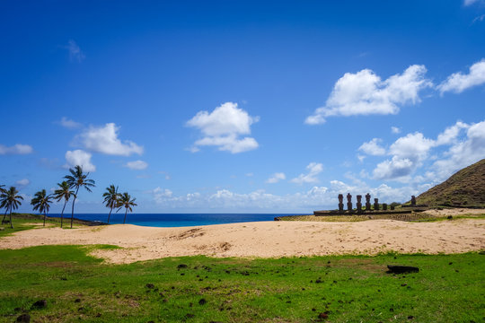 Anakena palm beach and Moais statues site ahu Nao Nao, easter island