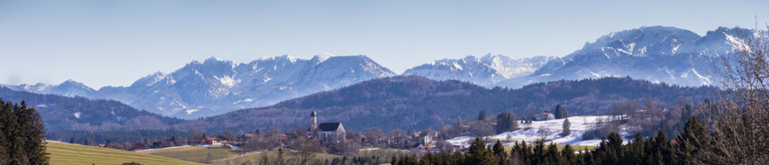 Great panorama allgäu mountains with church in summertime