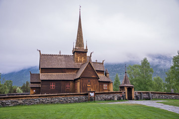 The historic wooden stave church of Lom, Oppland, Norway.