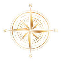 Gold wind rose compass isolated on white. Gold glitter sparkle. Compass Icon Graphic. Nautical design elements. Compass Rose. Wind rose. Vector Illustration.