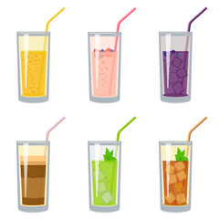 Glasses of fresh fruit juices, smoothies, latte, iced tea with mint, set. Vector illustration on white background.