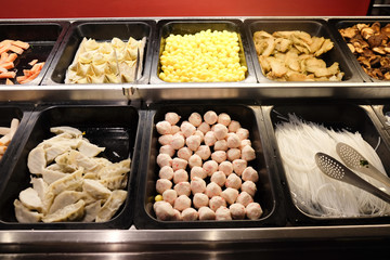 Many food on tray in Sukiyaki buffet