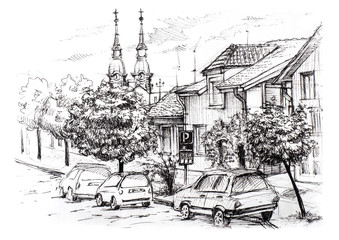 Sketch of urban landscape in Serbia. City street with private houses, church, cars and trees