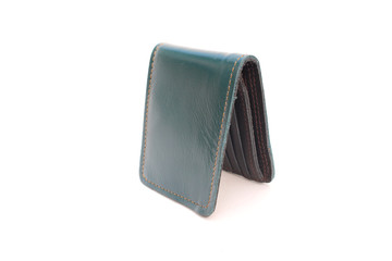 green wallet of leather skin on isolated