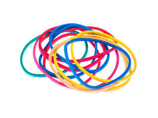 Multicolor rubber bands over a white isolated background