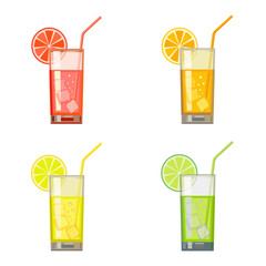 Set of fresh fruit juices and cocktails with ice. Citruc fruit set orange, lemon, lime, grapefruit, mandarin. Vector illustration on white background