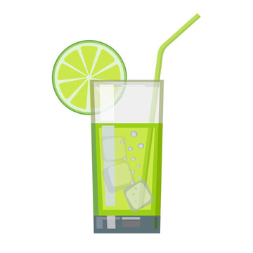 A glass of fresh lime juice and lime. Flat design. Abstract concept. Vector illustration.