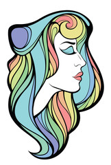 Vector decorative portrait of beauty woman with long hair isolated on white background.