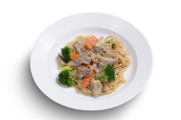 Thai food fried noodle with pork and vegetable