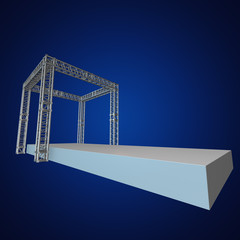 Steel truss girder rooftop construction with outdoor festival stage. 3d render podium on blue