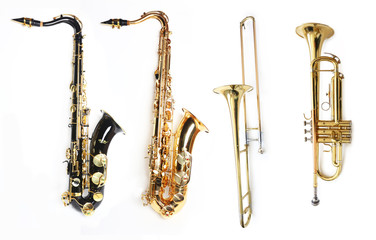Black and Gold Tenor Saxophones, Trombone and Trumpet