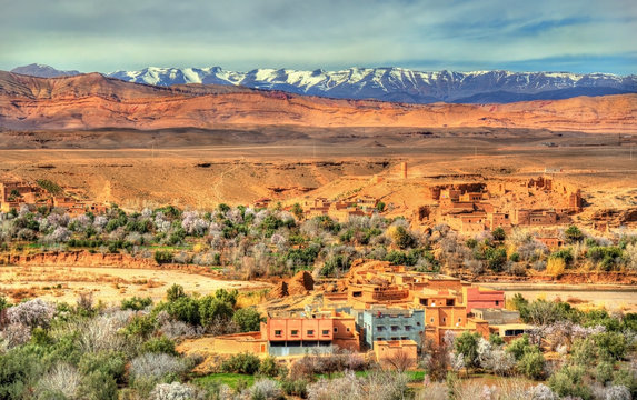 Snowy High Atlas Mountains above Kalaat M'Gouna town in Morocco
