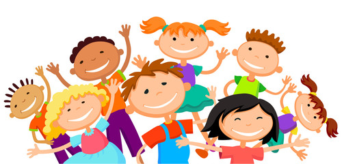 group of children kids are jumping joyful white background bunner cartoon funny vector character. illustration