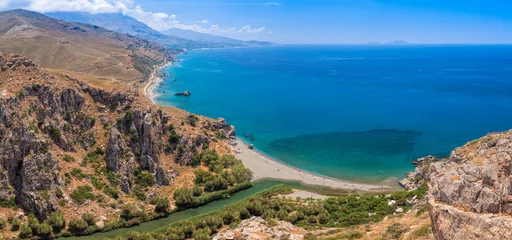 Foto op Plexiglas Aerial panoramic view of Preveli palm beach and lagoon near Rethymno in Crete,  Greece, Mediterranean © Dmitry Naumov