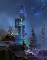 Painted night futuristic landscape with a zipper and building