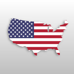 USA flag in a shape of US map silhouette. United States of America symbol. EPS10 vector illustration with dropped shadow on grey gradient background.