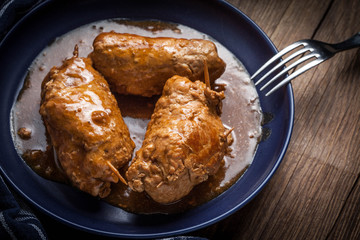 Tasty roulades beef on plate.