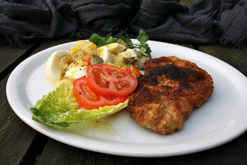 organisch, urban, schnitzel, kartoffelsalat, makro, sliced, beilage, lifestyle, 
