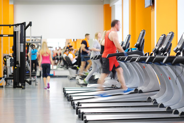 Interior of treadmills in a fitness hall
