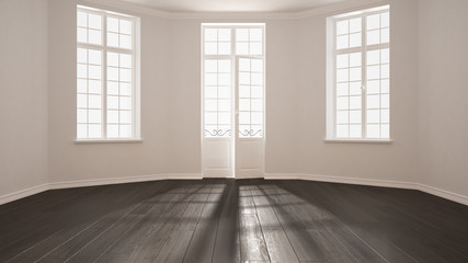 Empty room with big windows ad parquet floor, minimalist classic interior design